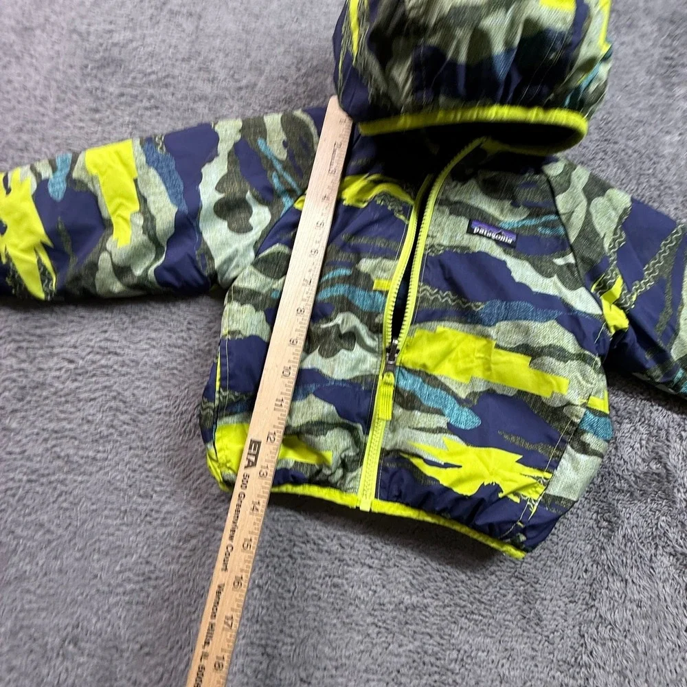 Patagonia Reversible Puff Ball Jacket 2T Navy Camo Yellow Quilted Hooded Zip - Picture 8 of 8